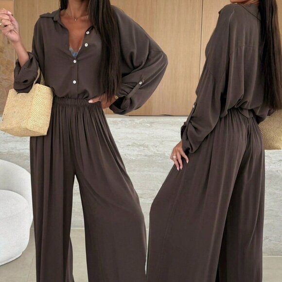 Mocha Brown Casual Women's Front Button-Up Shirt & Loose Pants Set - Picture 1 of 6